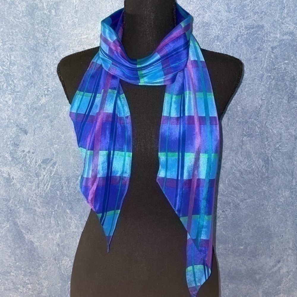 Blue Purple Silk Plaid Neck Scarf